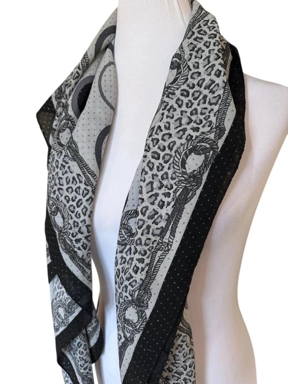 Black Gray Ivory Large Square Foulard Scarf Gold Metallic Dot Sheer Wrap 41”